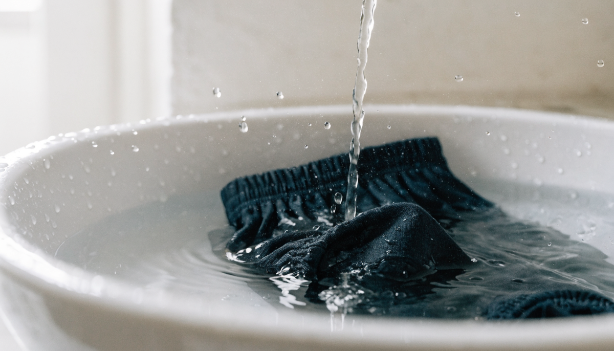 Culotte menstruelle rincée sous un filet d'eau froide dans un lavabo blanc