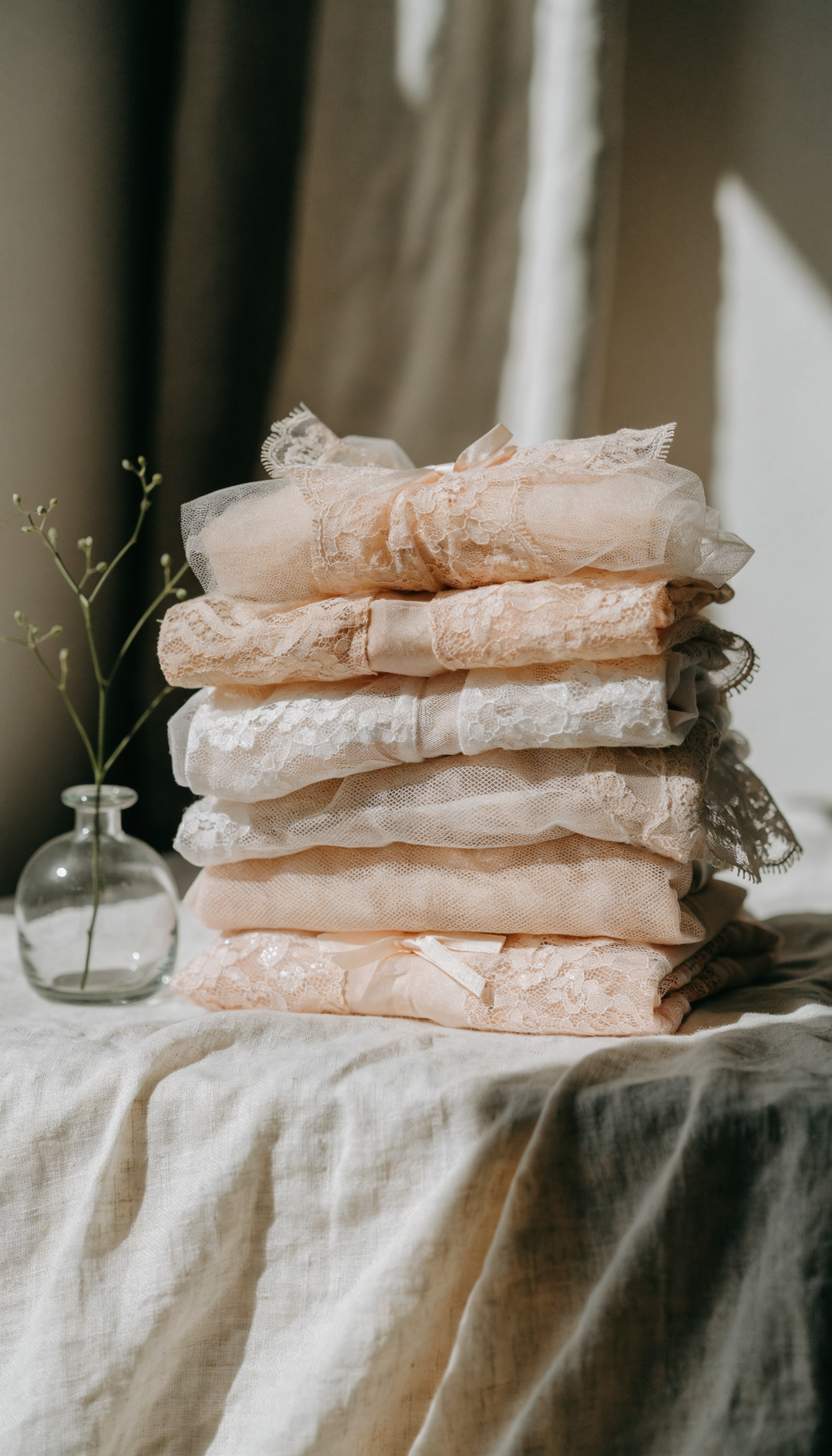 Pile de lingerie pliée en tons nude et ivoire sur un plan en lin