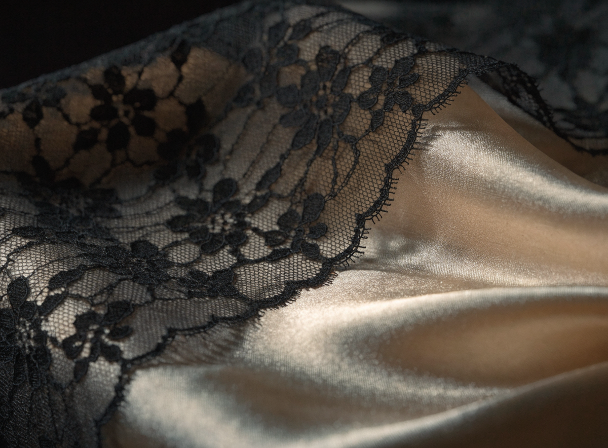 Dentelle florale noire drapée sur un fond de soie ivoire Image