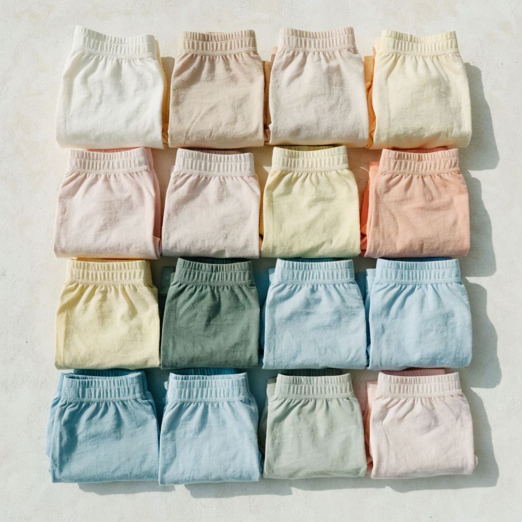 Culottes en coton de plusieurs coloris pliées et rangées en grille