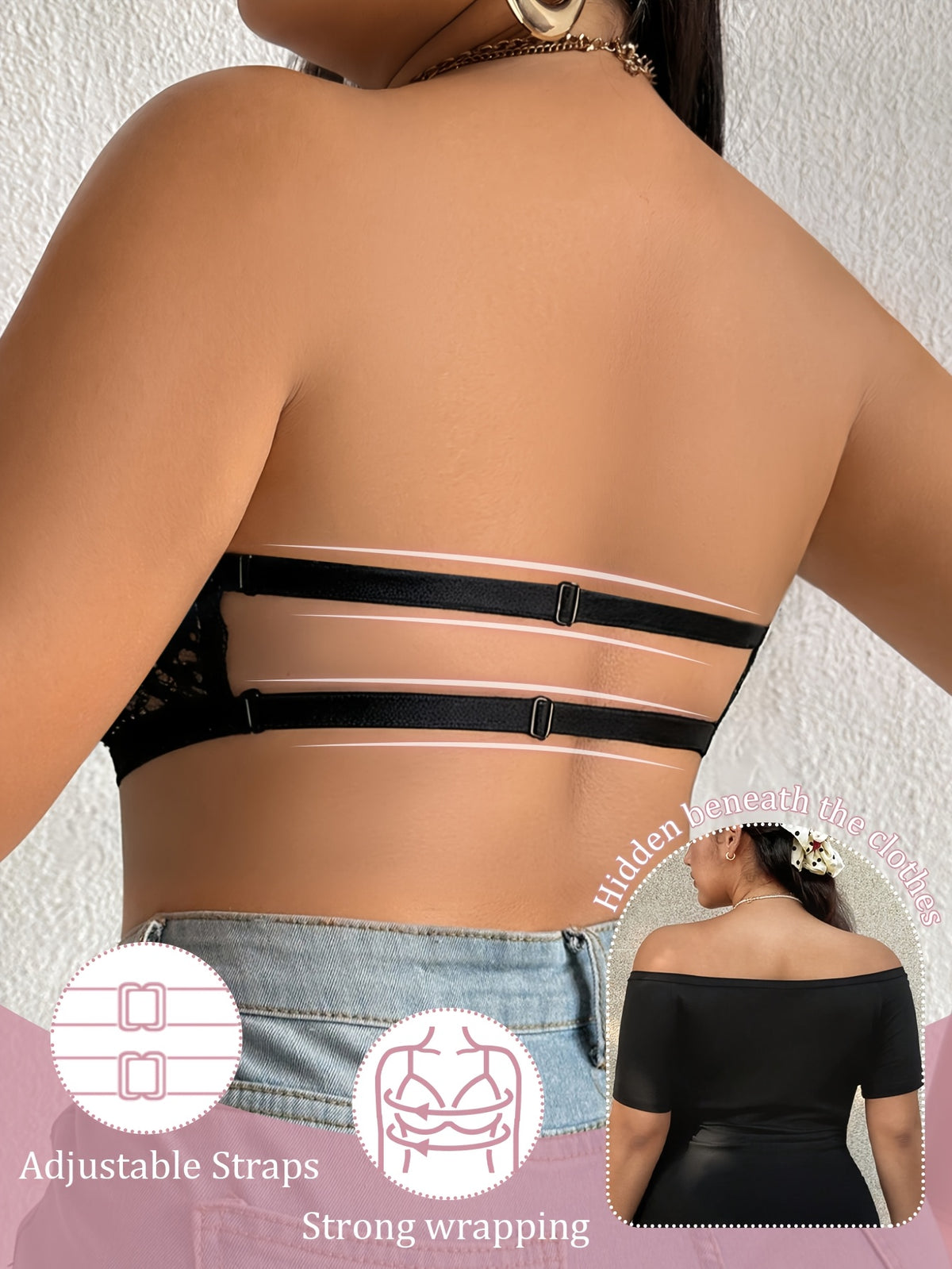 Épaules nues, bande festonnée et brides amovibles, grande taille
