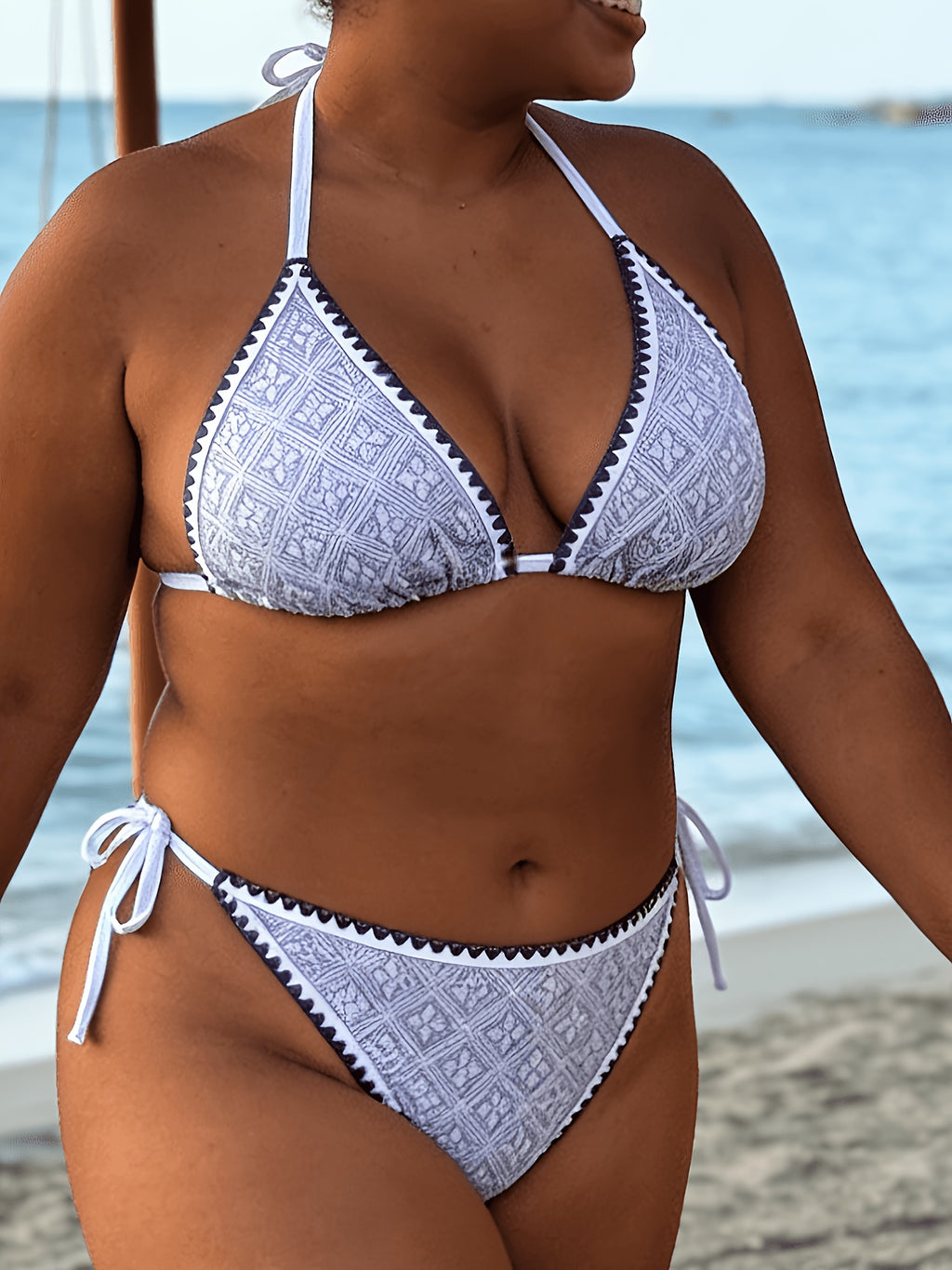 Bikini grande taille imprimé cachemire à bordure croquet