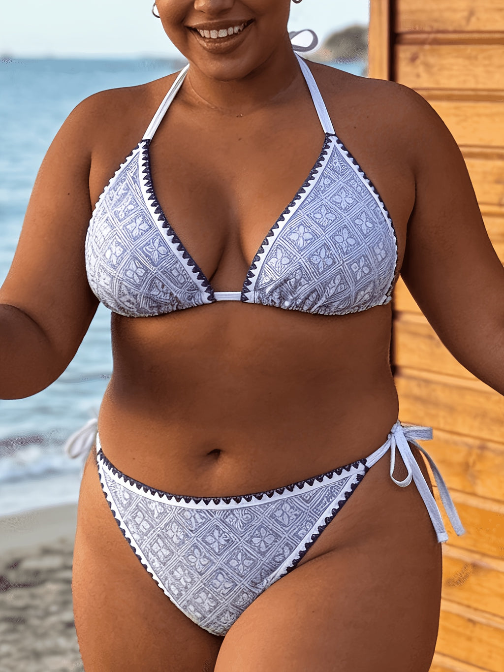 Bikini grande taille imprimé cachemire à bordure croquet