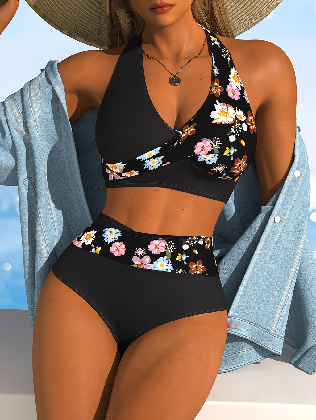 Bikini grande taille noir à semis de fleurs en diagonale