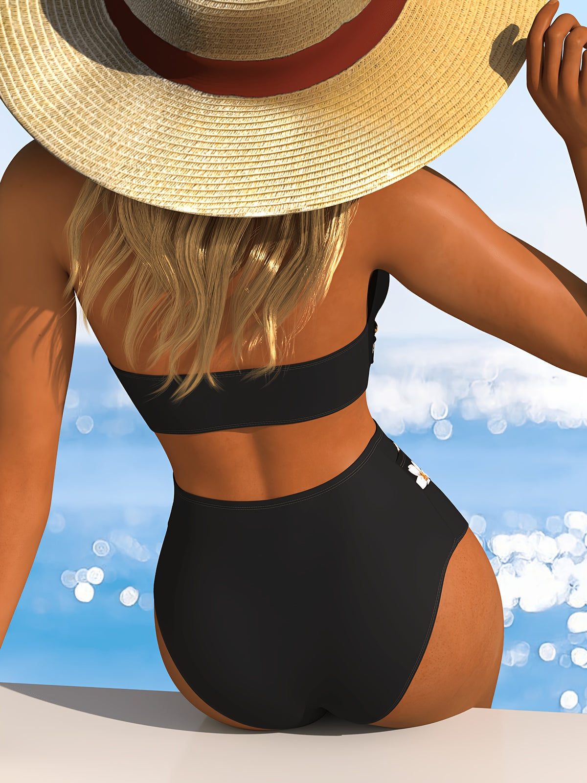 Bikini grande taille noir à semis de fleurs en diagonale