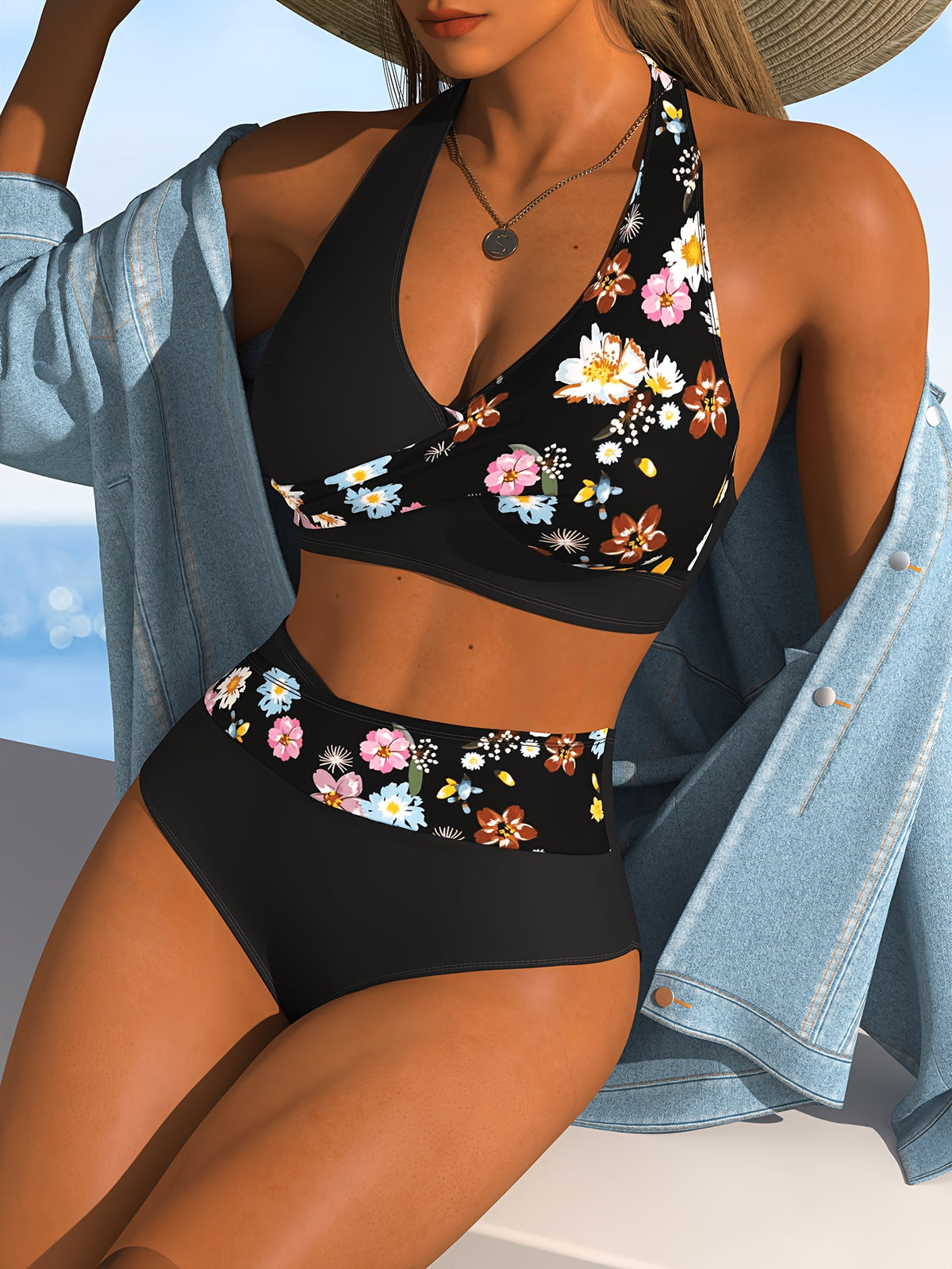 Bikini grande taille noir à semis de fleurs en diagonale