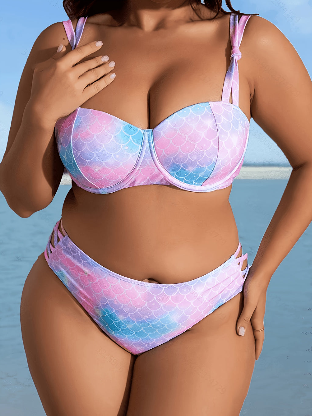 Bikini grande taille en écailles de sirène, dégradé pastel