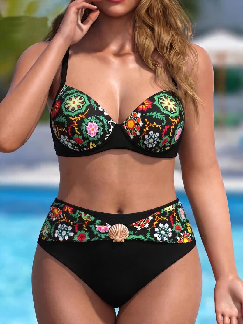 Bikini grande taille imprimé folklorique et boucle coquillage