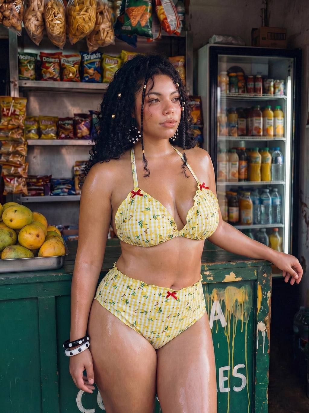 Bikini grande taille jaune vichy semé de citrons et fleurs