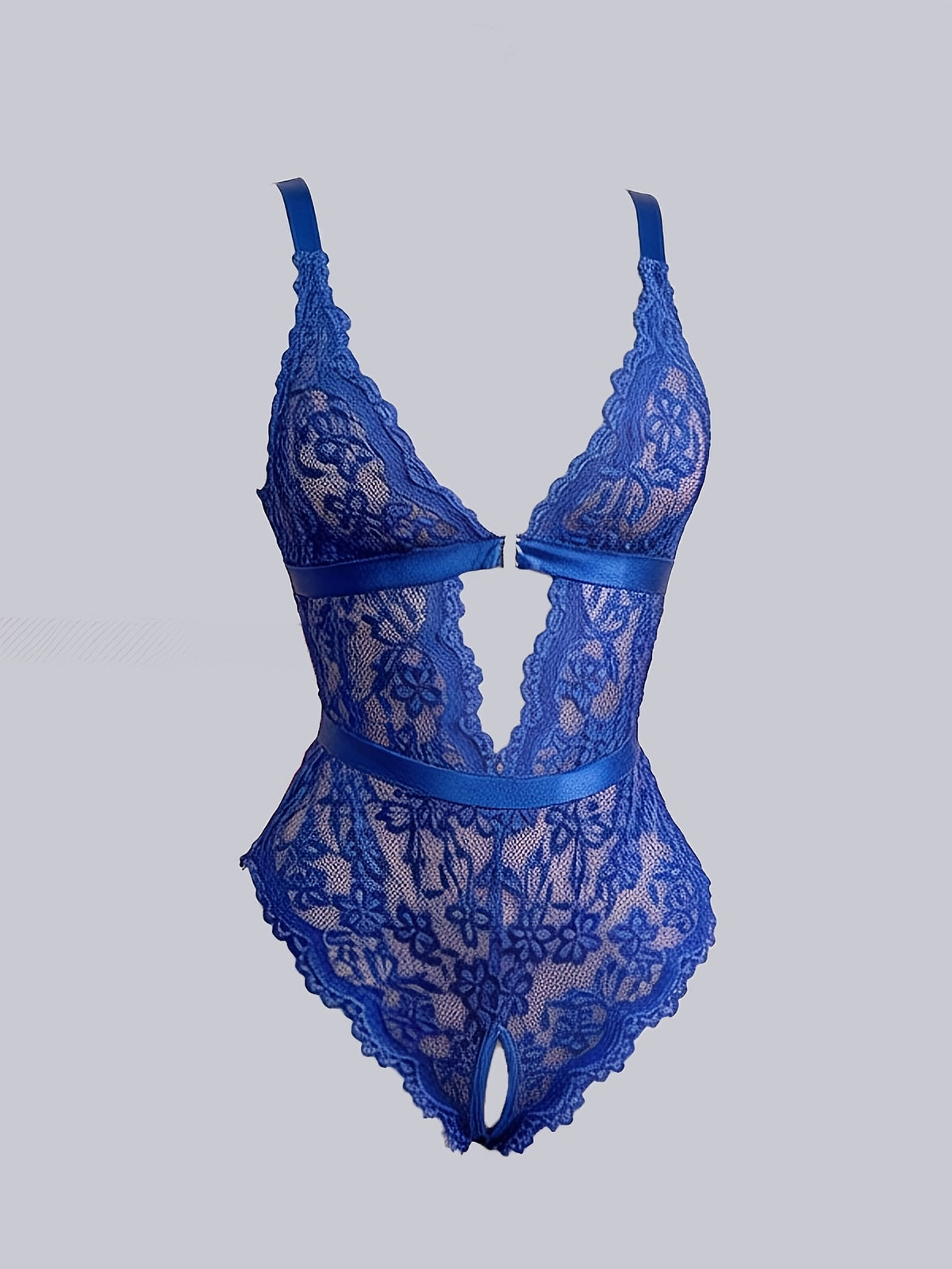 Body bleu roi grande taille en dentelle, dos croisé à anneaux