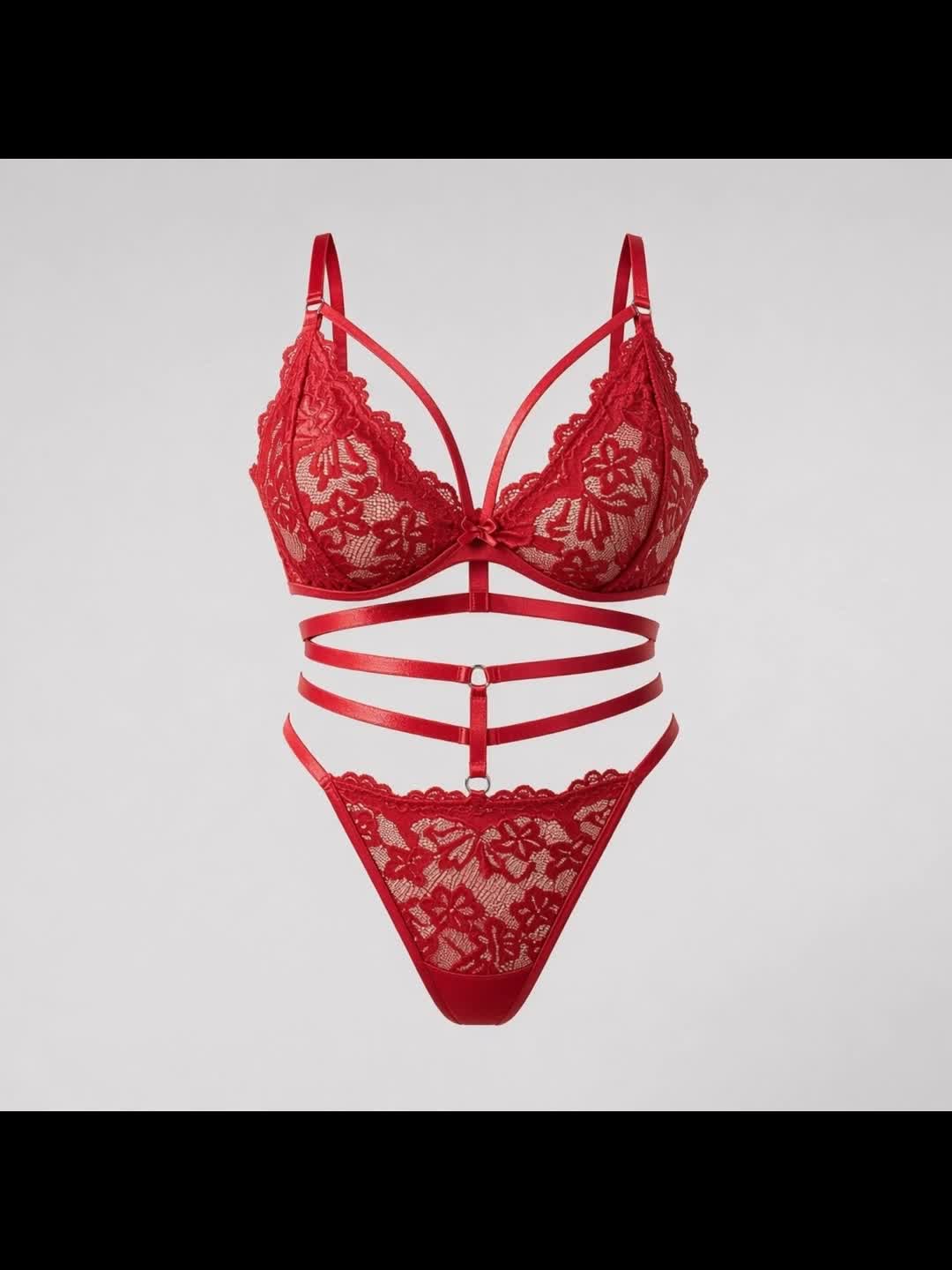 Bralette rouge vif à brides, string dentelle grande taille