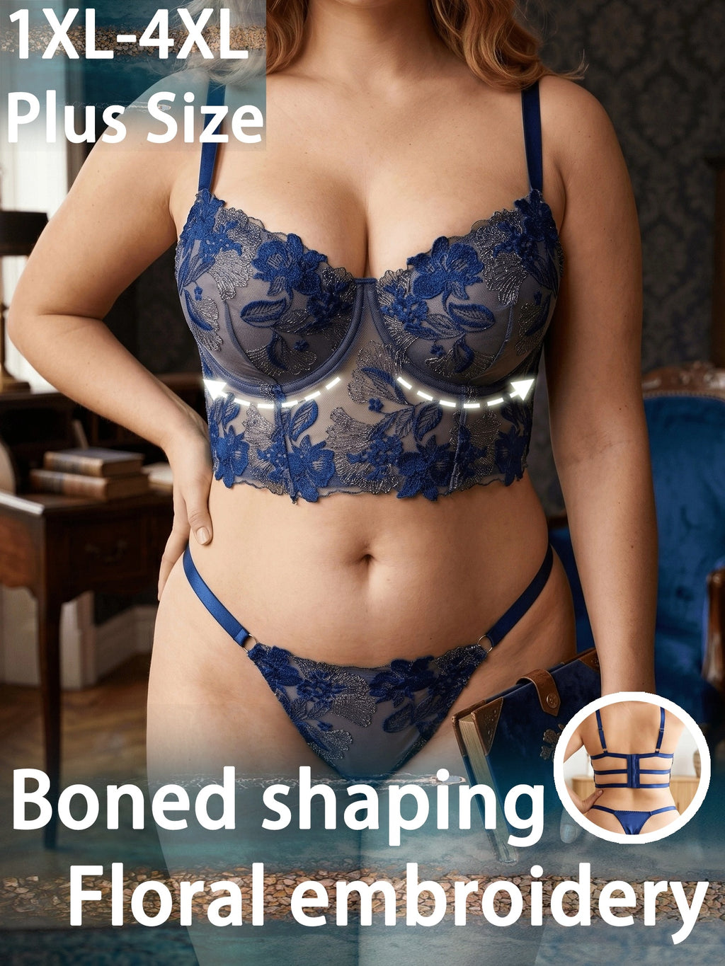 Bustier marine brodé de fil argenté, lingerie grande taille
