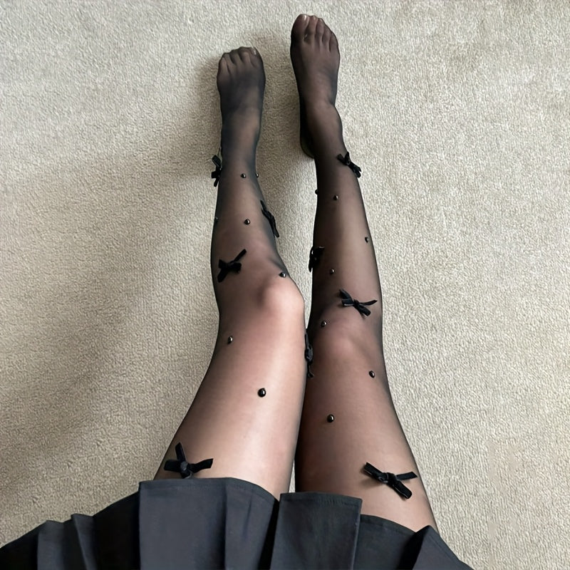 Collant grande taille noir, nœuds de satin et perles noires