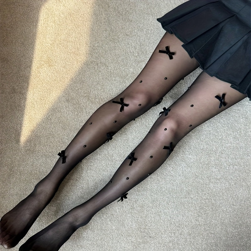 Collant grande taille noir, nœuds de satin et perles noires