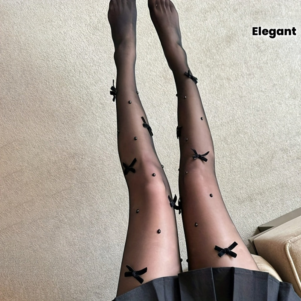 Collant grande taille noir, nœuds de satin et perles noires