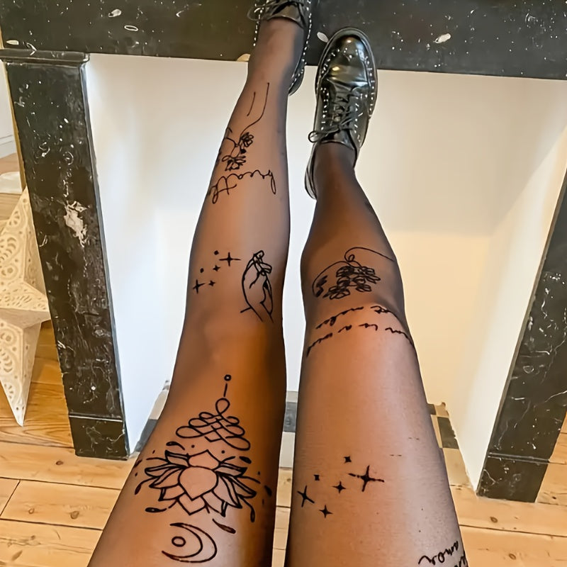 Collant grande taille en voile fin, motifs façon tatouage
