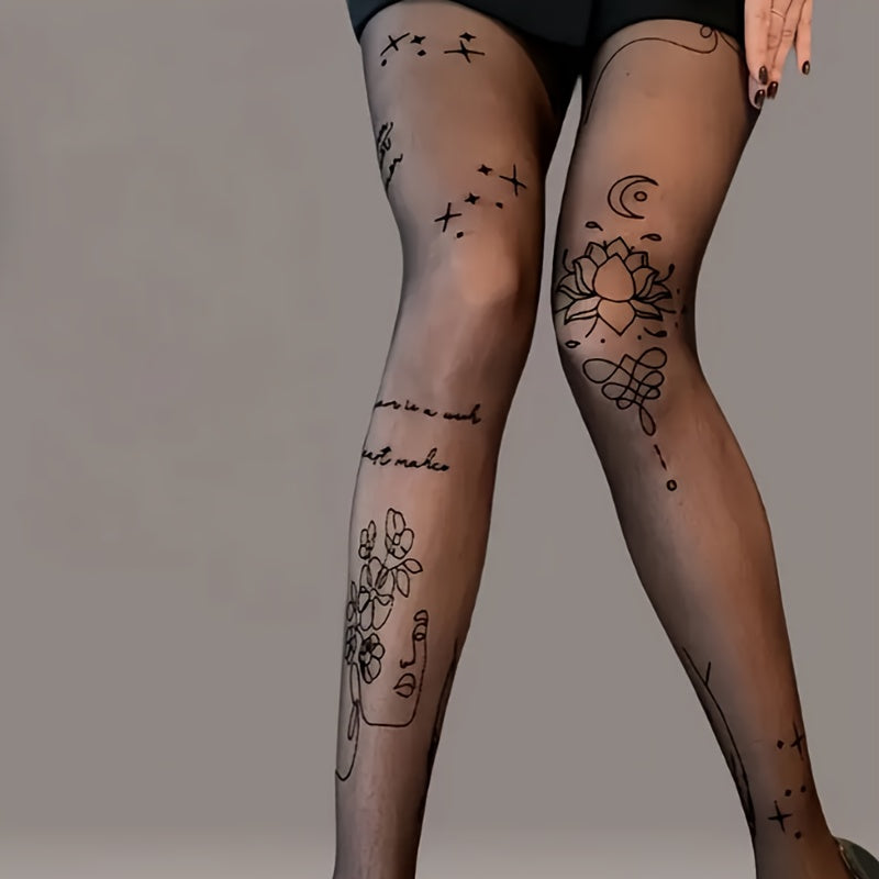Collant grande taille en voile fin, motifs façon tatouage