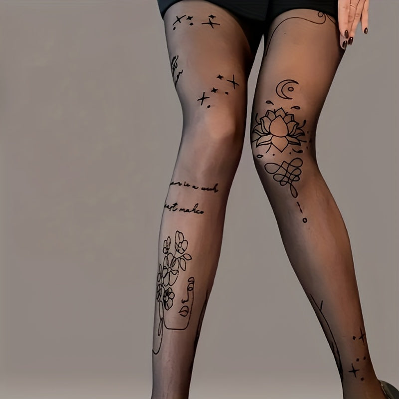 Collant grande taille en voile fin, motifs façon tatouage
