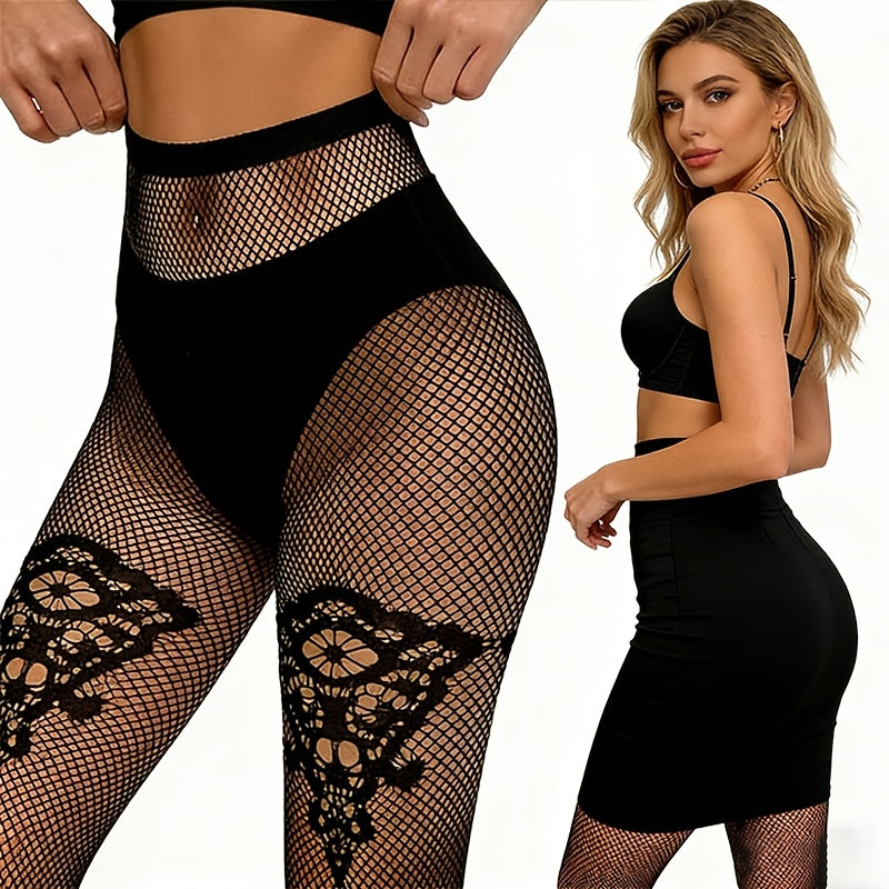 Collant résille grande taille à empiècement opaque haut
