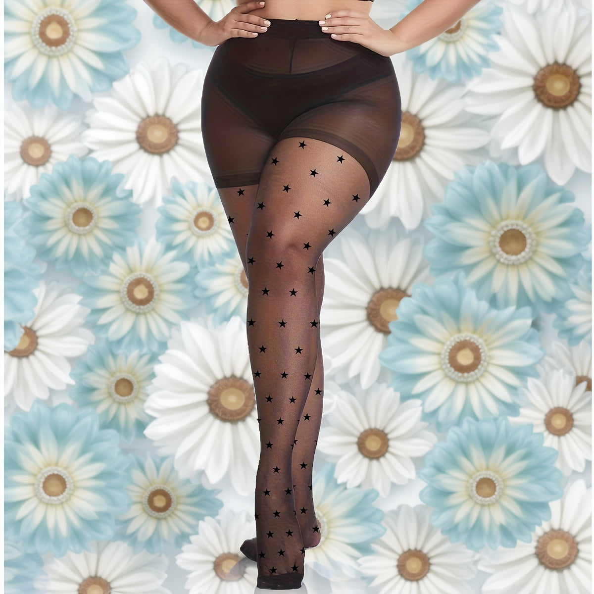 Collant grande taille en voile noir semé de petites étoiles