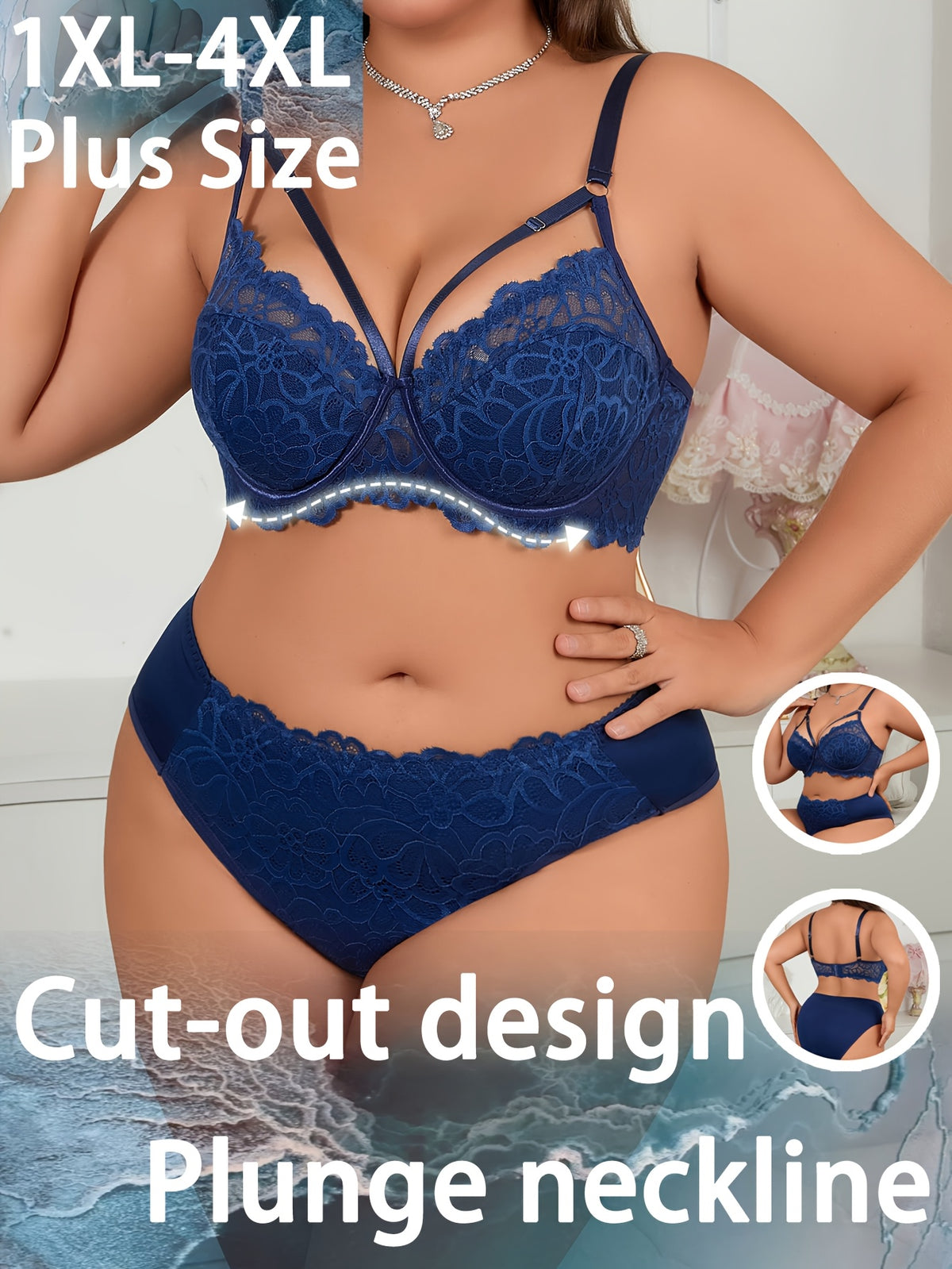 Décolleté plongeant à brides croisées, ensemble marine grande taille