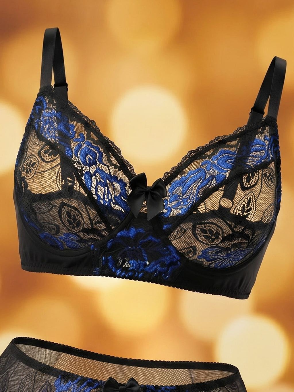 Roses bleues sur fond noir, soutien-gorge souple grande taille