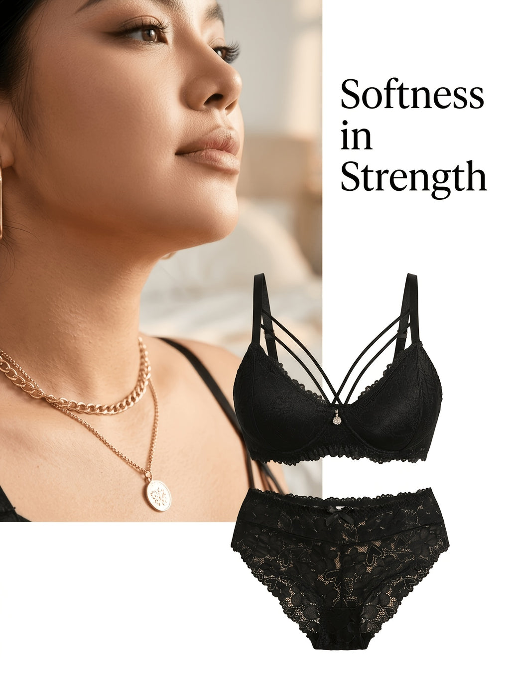 Quatre brides sur un décolleté, dentelle noire grande taille