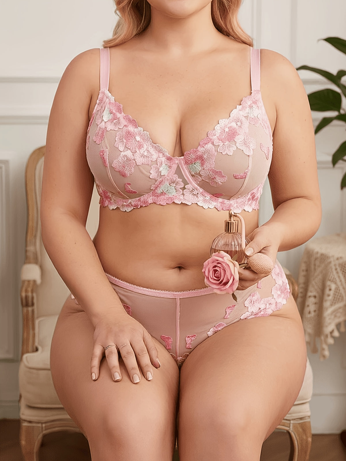 Broderie en relief sur tulle rose, ensemble grande taille