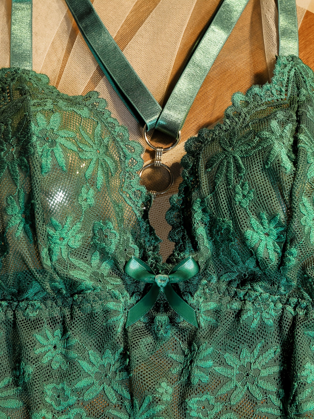 Tulle brodé émeraude, ensemble lingerie grande taille 2 pièces