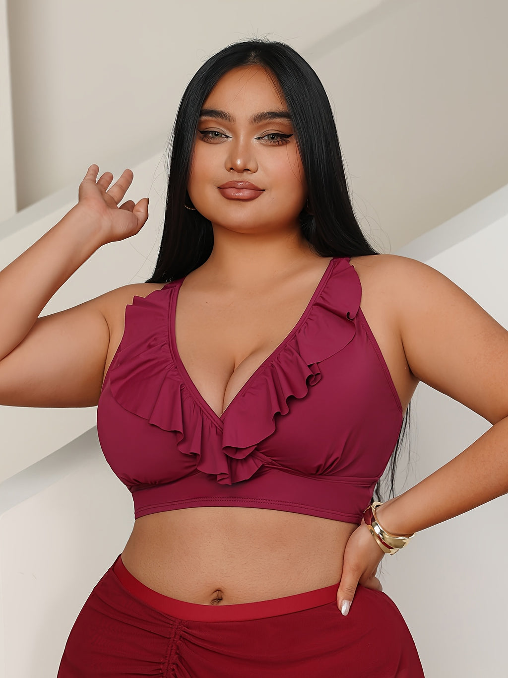 Haut de maillot de bain grande taille à volants et dos croisé