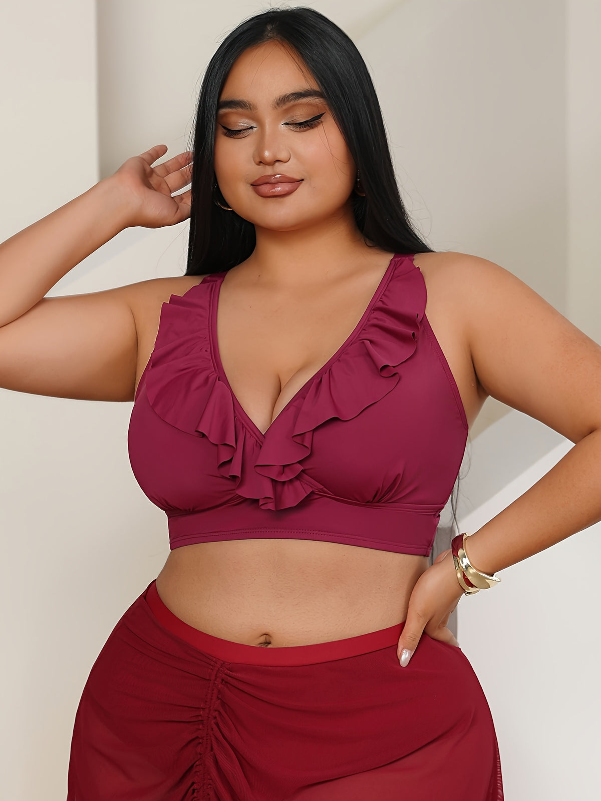 Haut de maillot de bain grande taille à volants et dos croisé