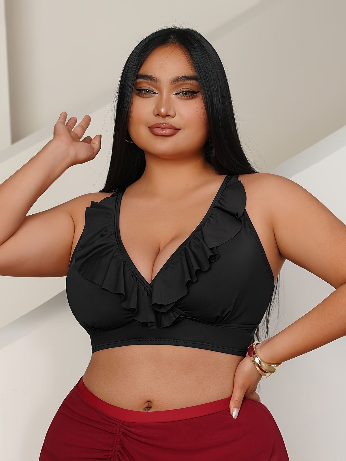 Haut de maillot de bain grande taille à volants et dos croisé
