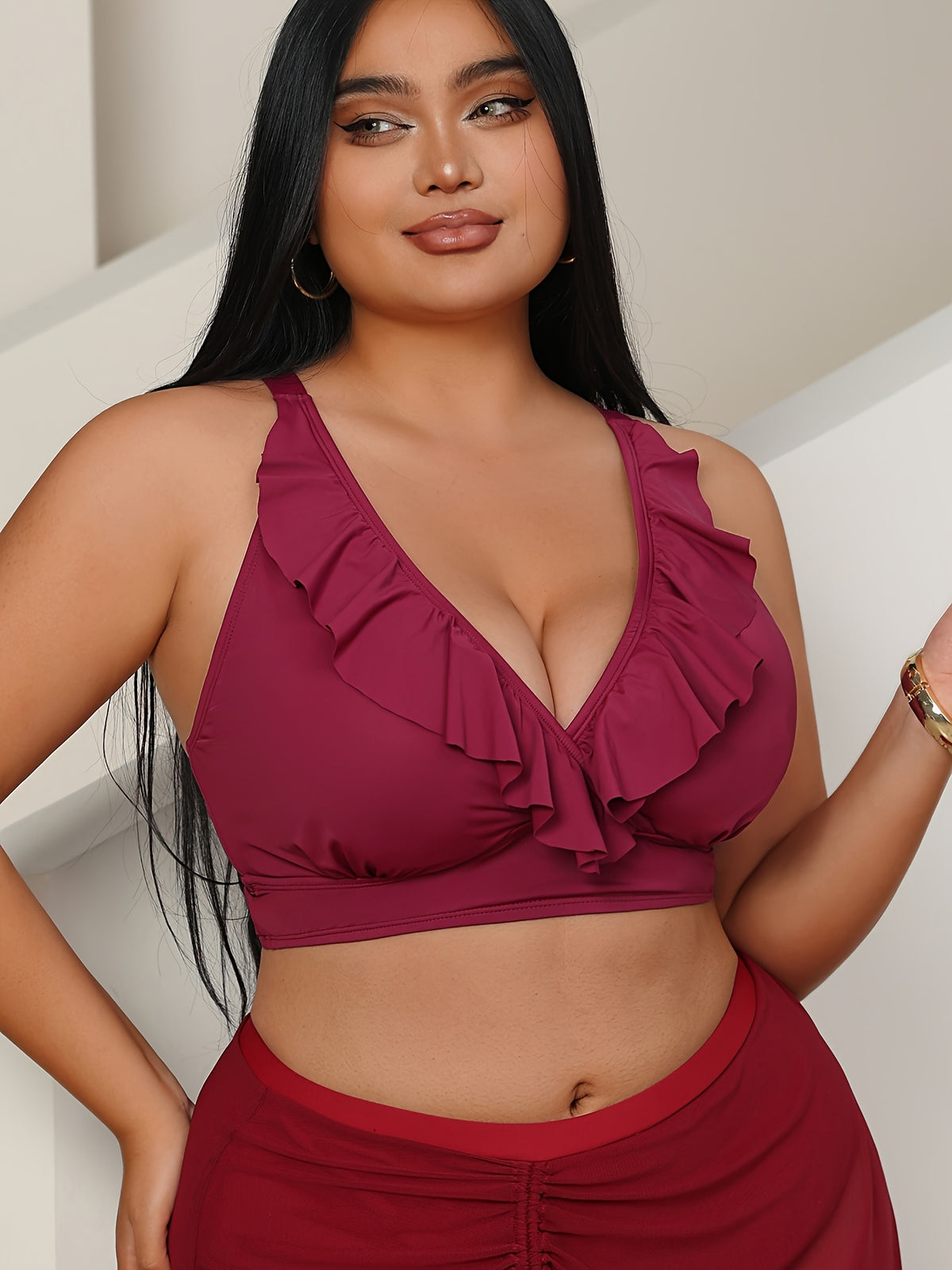 Haut de maillot de bain grande taille à volants et dos croisé