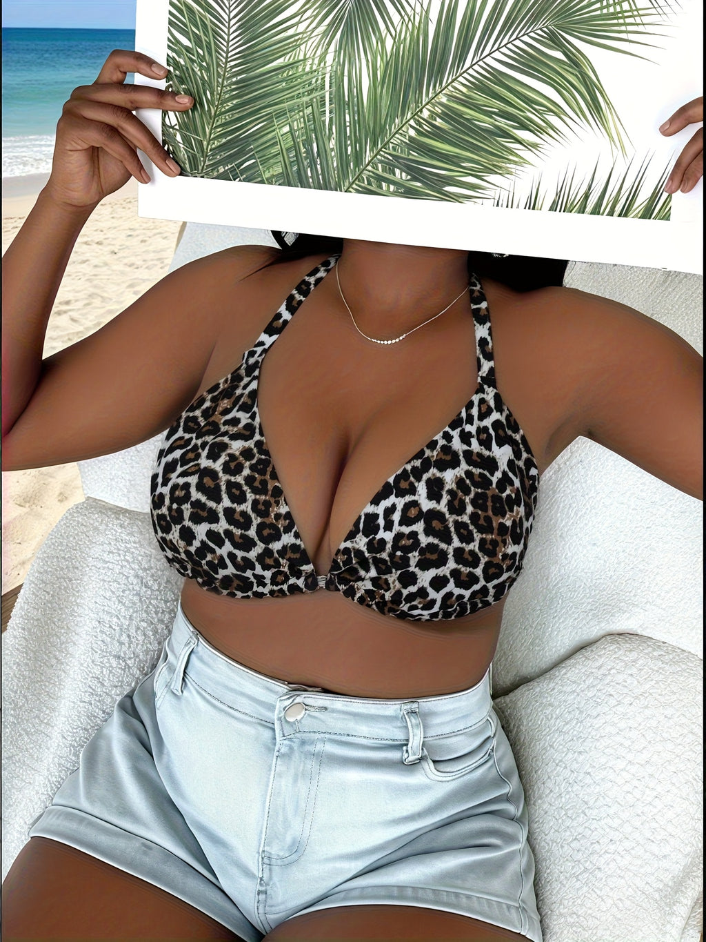 Haut de bikini grande taille léopard fauve, licou et dos ouvert