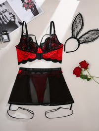 Ensemble 4 pièces grande taille rouge et noir en dentelle