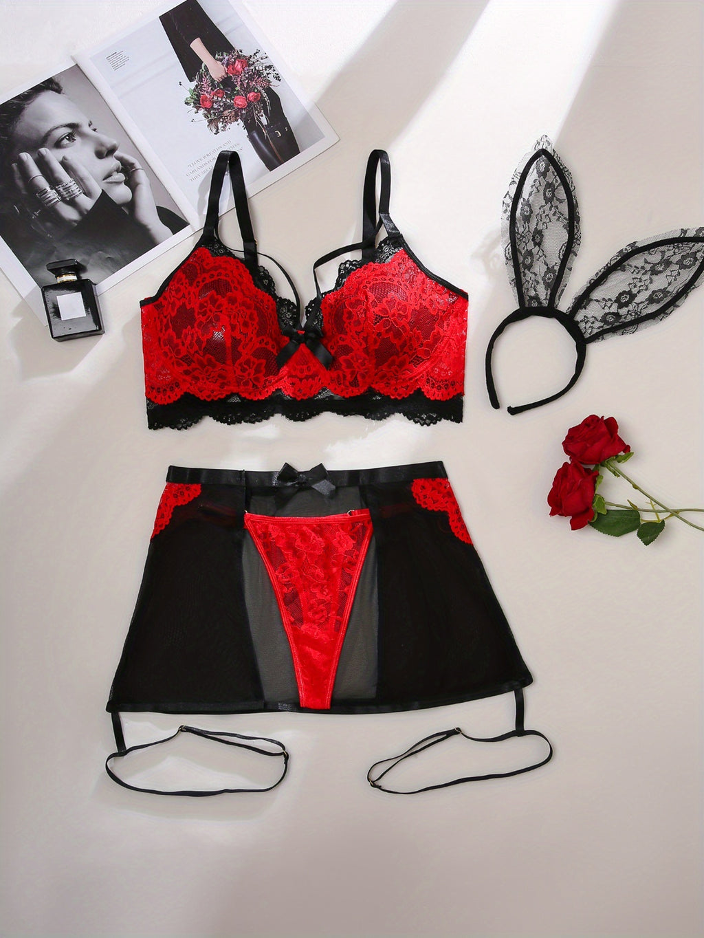 Ensemble 4 pièces grande taille rouge et noir en dentelle