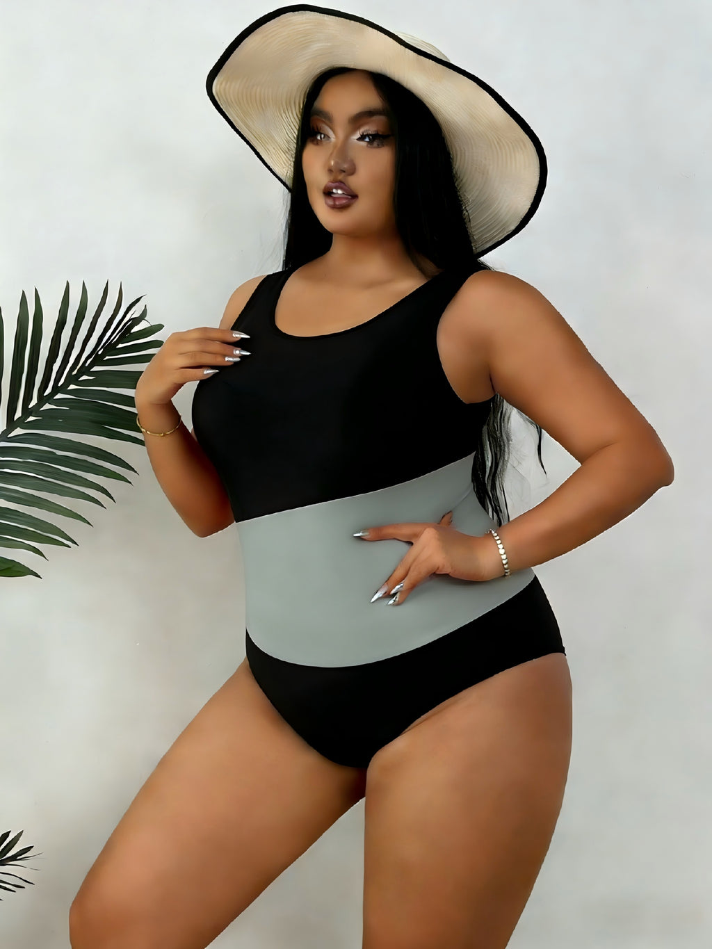 Maillot de bain grande taille noir, bande oblique sauge