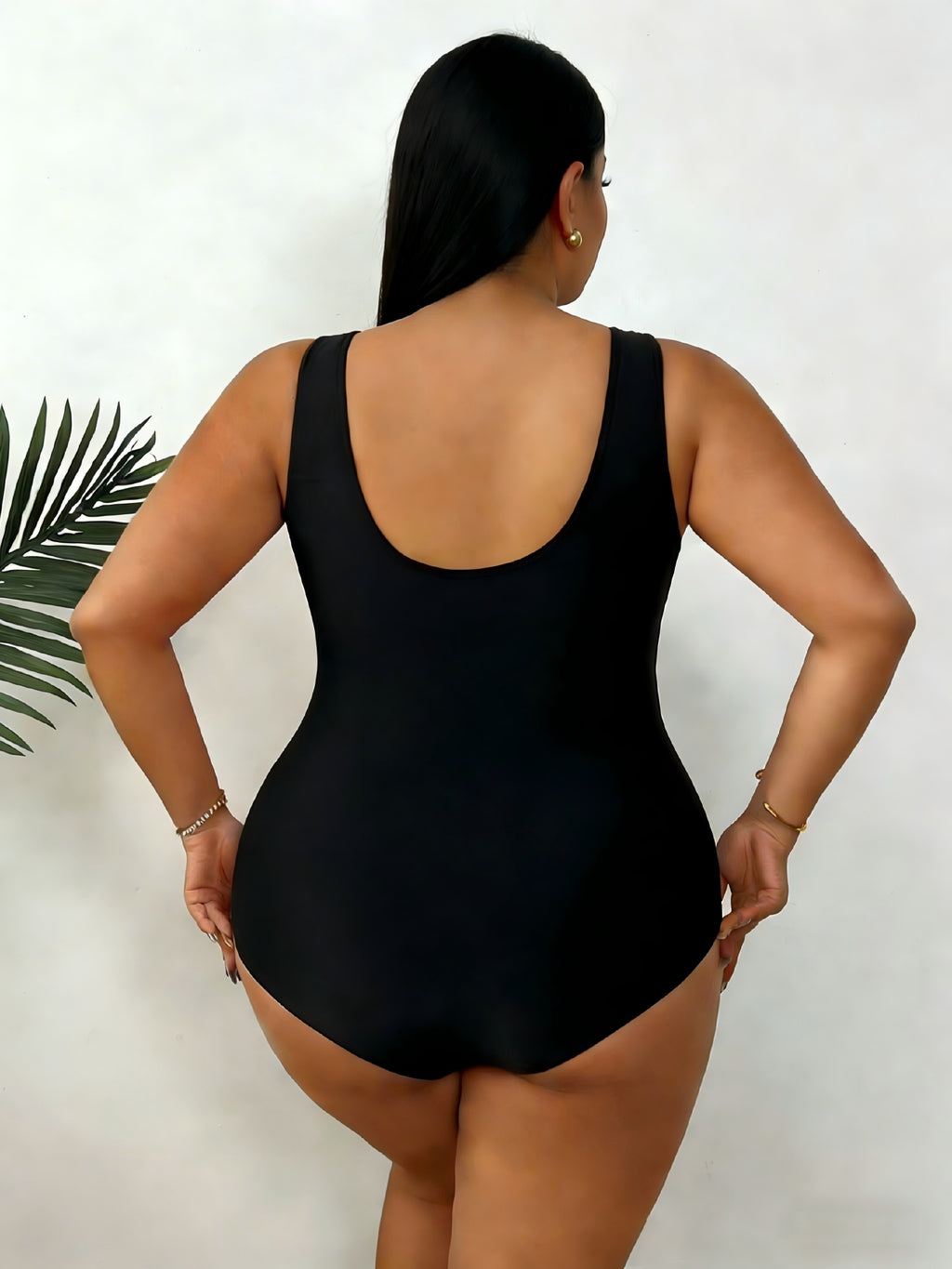Maillot de bain grande taille noir, bande oblique sauge