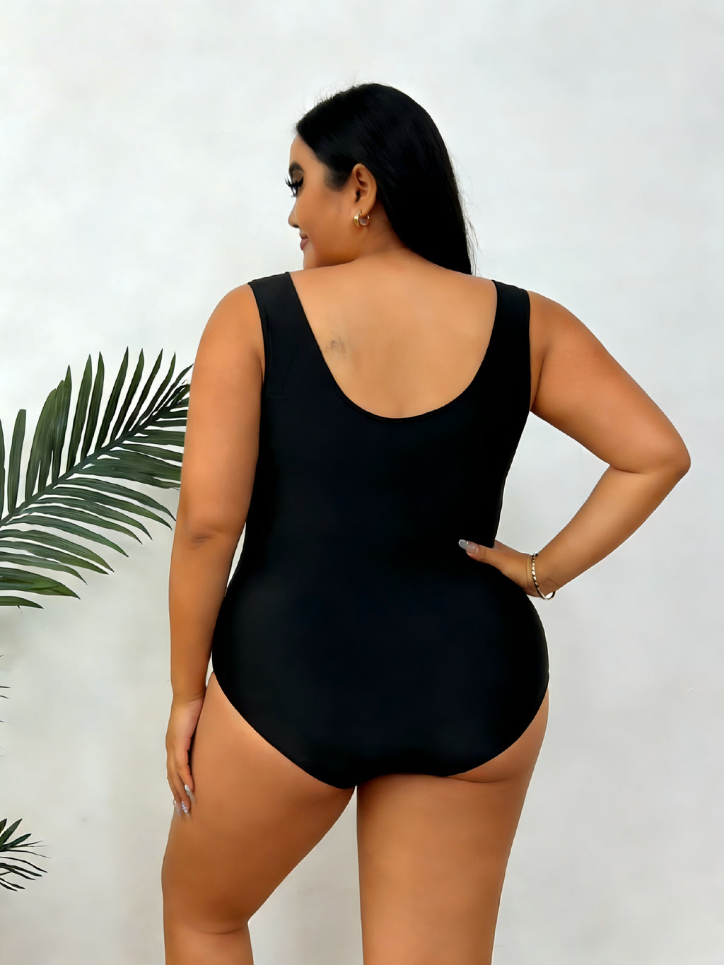 Maillot de bain grande taille noir, bande oblique sauge