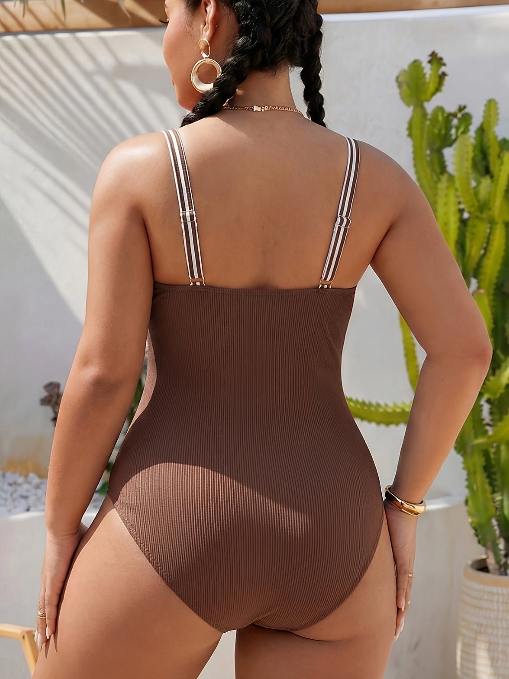 Maillot de bain grande taille à buste rayé et taille haute