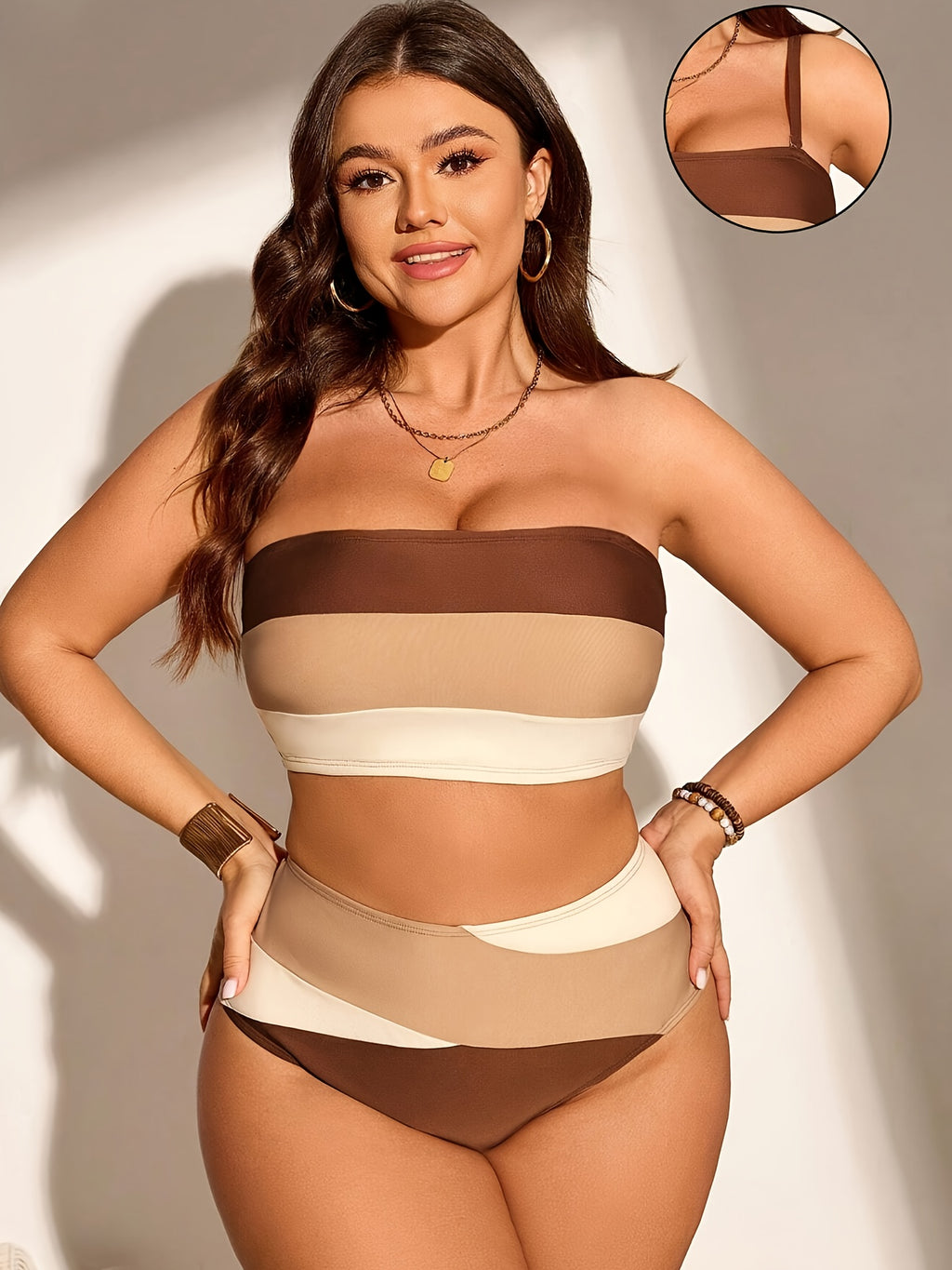 Maillot de bain grande taille bandeau, camaïeu de marron