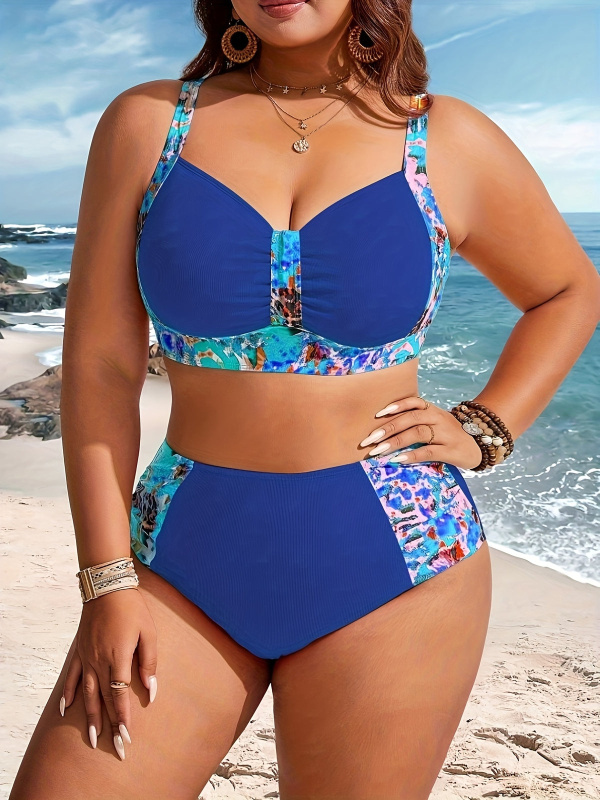 Maillot de bain grande taille bleu roi à panneaux imprimés