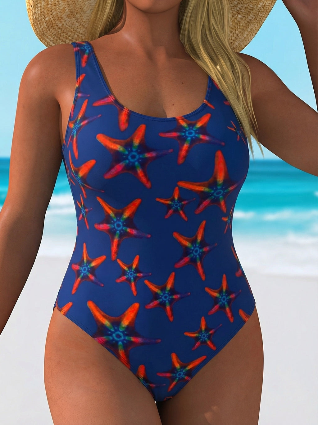Maillot de bain grande taille bleu roi, étoiles de mer orange