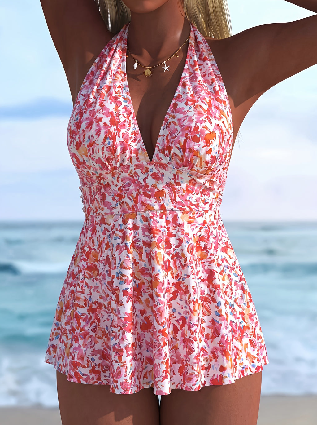 Maillot de bain grande taille fleuri corail, encolure nouée