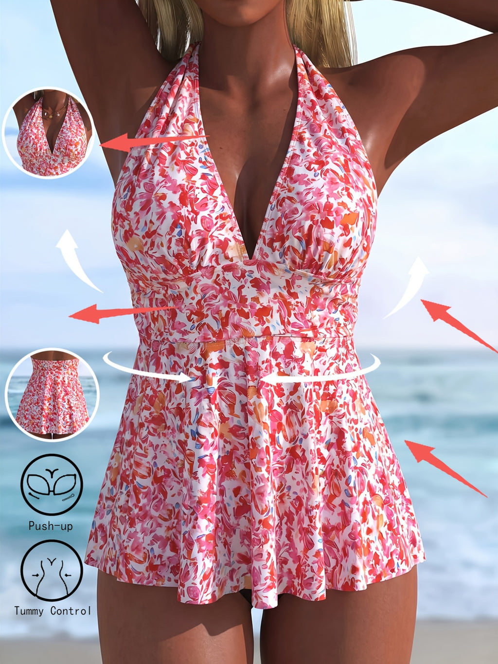 Maillot de bain grande taille fleuri corail, encolure nouée
