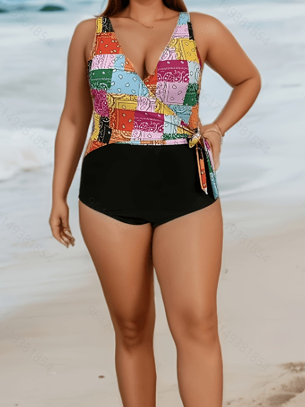 Maillot de bain grande taille à patchwork de bandanas colorés