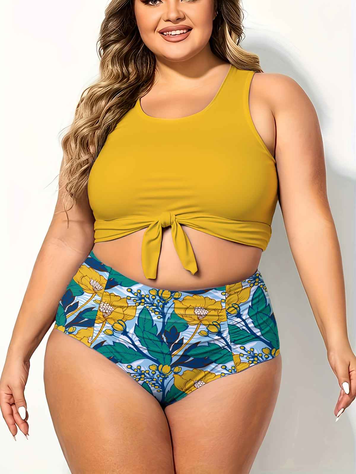 Maillot de bain grande taille jaune moutarde et bas fleuri