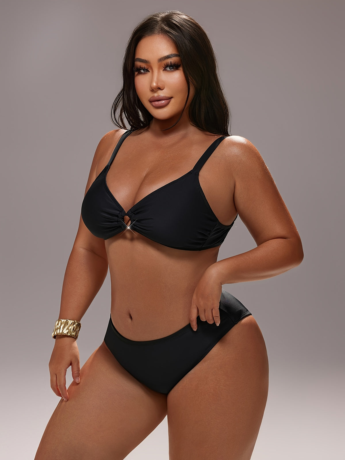 Maillot de bain deux pièces grande taille noir à anneau doré