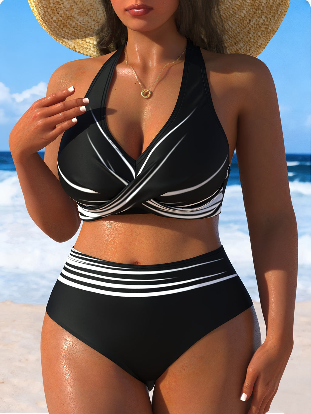 Maillot de bain grande taille noir à buste torsadé et rayures
