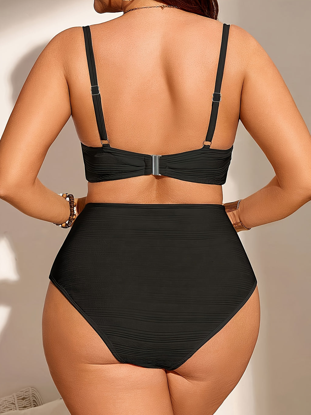 Maillot de bain grande taille noir plissé à bretelles réglables